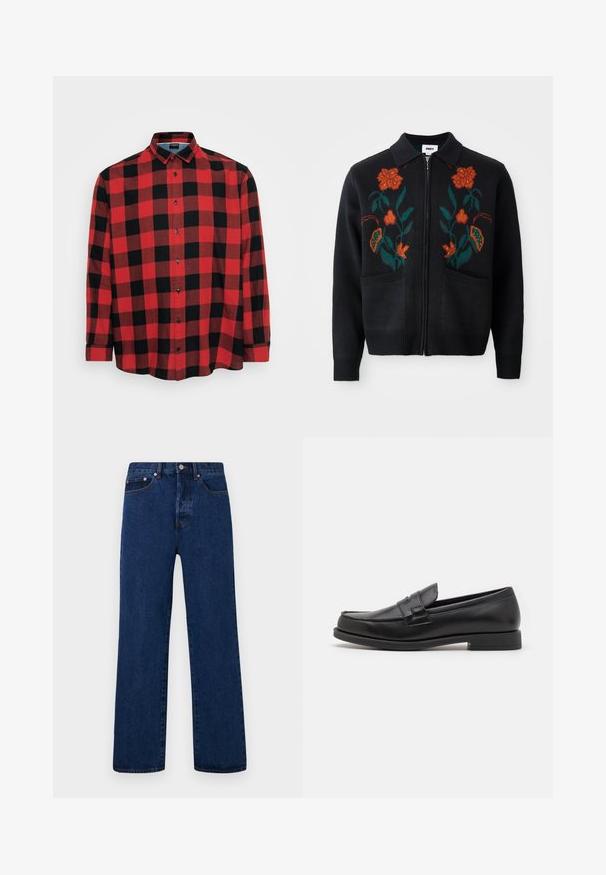 Juodas kardiganas su užtrauktuku priekyje, apykakle, oranžiniais ir žaliais gėlėmis siuvinėtas, su briaunotais rankogaliais ir apačia bei dviem priekinėmis kišenėmis.; Raudonos ir juodos languotos ilgomis rankovėmis marškiniai, pagaminti iš medvilnės, su mygtukų apykakle, juodais mygtukais, dideliu languotu raštu ir kreiviu apvadu.; Balti balti medvilniniai tankiai, be rankovių dizainas, apvalus kaklas, vientisas paviršius, pagaminti iš minkštos, lengvos medžiagos. Pavaizduoti du vienetai.; Tamsiai mėlynos džinsinės kelnės su tiesiu kirpimu, su oranžiniais siūlais, mygtukų užtrauktuku ir dviem priekinėmis kišenėmis su kontrastingais nago laikikliais.; Juodi odiniai loaferiai, pasižymintys elegantišku dizainu, su apvaliu pirštu, siuvinėjimais ir žemu blokuotu kulnu. Sklandžią struktūrą ir minimalias akcentus.