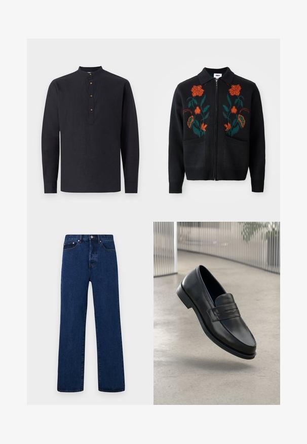Čierny kardigán so zipsom vpredu, golierom, kvetinovou výšivkou v oranžovej a zelenej farbe, rebrovanými manžetami a lemom a s dvojicou predných vreciek.; Čierna dlhá rukávová košeľa vyrobená z ľahkého materiálu, s vysokým golierom a štyrmi hnedými gombíkmi pri výstrihu.; Tmavomodré džínsy s rovnými nohavicami, ktoré majú oranžové prešívanie, gombíkový zapínací systém a dve predné vrecká s kontrastnými nitmi.; Čierna kožená mokasína s hladkou textúrou, špicatou špičkou a ozdobným remienkom cez priehlavok. Ľahká podrážka, minimalistický dizajn.