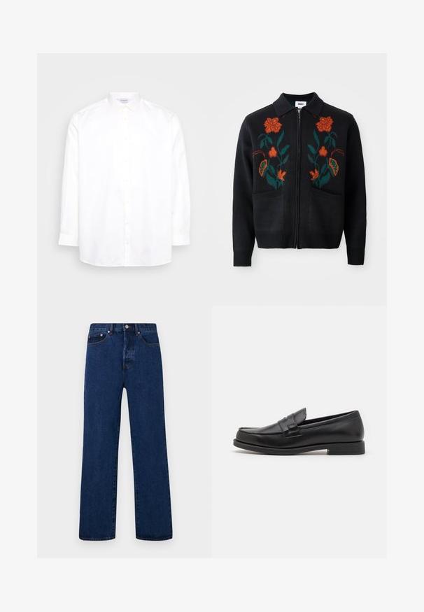 Cárdigan negro con cierre frontal, cuello, bordado floral en naranja y verde, puños y dobladillo acanalados, y dos bolsillos frontales.; Camisa blanca de manga larga abotonada, hecha de algodón. Presenta un cuello pointed y seis botones en la parte delantera. Textura suave, ajuste regular.; Vaqueros de mezclilla azul oscuro con corte recto, con costuras naranjas, cierre de botones y dos bolsillos delanteros con remaches en contraste.; Mocasines de cuero negro con un diseño elegante, punta redondeada, detalles bordados y un tacón bajo en bloque. Textura suave y acentos mínimos.