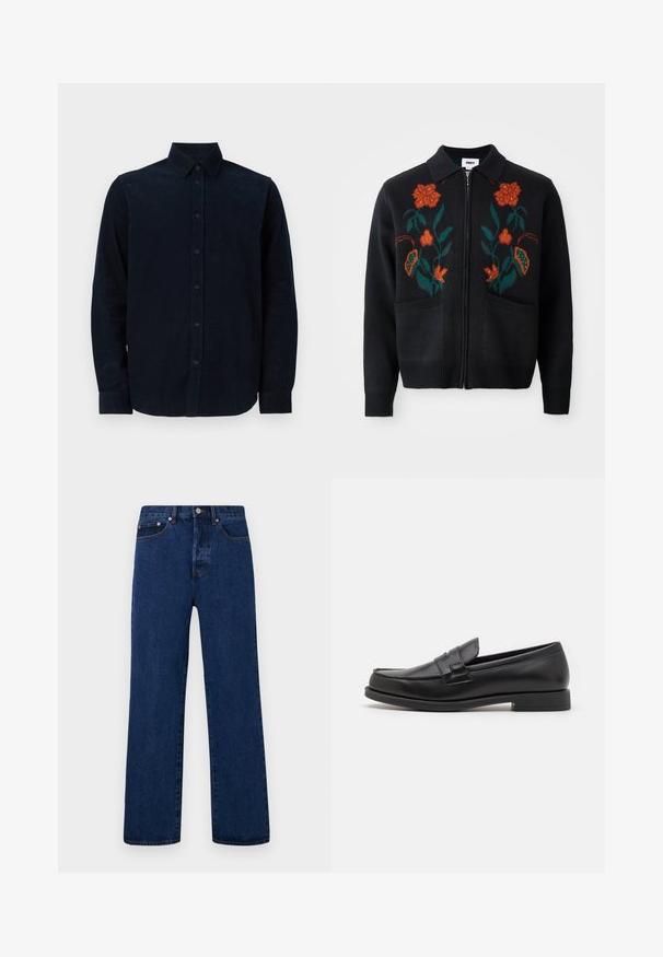 Czarny kardigan z zamkiem z przodu, kołnierzem, haftem kwiatowym w pomarańczowym i zielonym, ściągaczami przy mankietach i u dołu oraz dwoma przednimi kieszeniami.; Granatowa koszula z długim rękawem z teksturowanej tkaniny, z guzikiem z przodu, spiczastym kołnierzem i mankietami na guziki.; Białe bawełniane topy na ramiączkach, bez rękawów, okrągły dekolt, gładka faktura, wykonane z miękkiej, lekkiej tkaniny. Wyeksponowane dwa egzemplarze.; Granatowe dżinsy z prostą nogawką, z pomarańczowymi stębnowaniami, zapinane na guziki oraz z dwiema przednimi kieszeniami z kontrastującymi nitami.; Czarne skórzane mokasyny o eleganckim fasonie, z okrągłym noskiem, przeszyciami oraz niskim obcasem w kształcie bloku. Gładka faktura i minimalne akcenty.