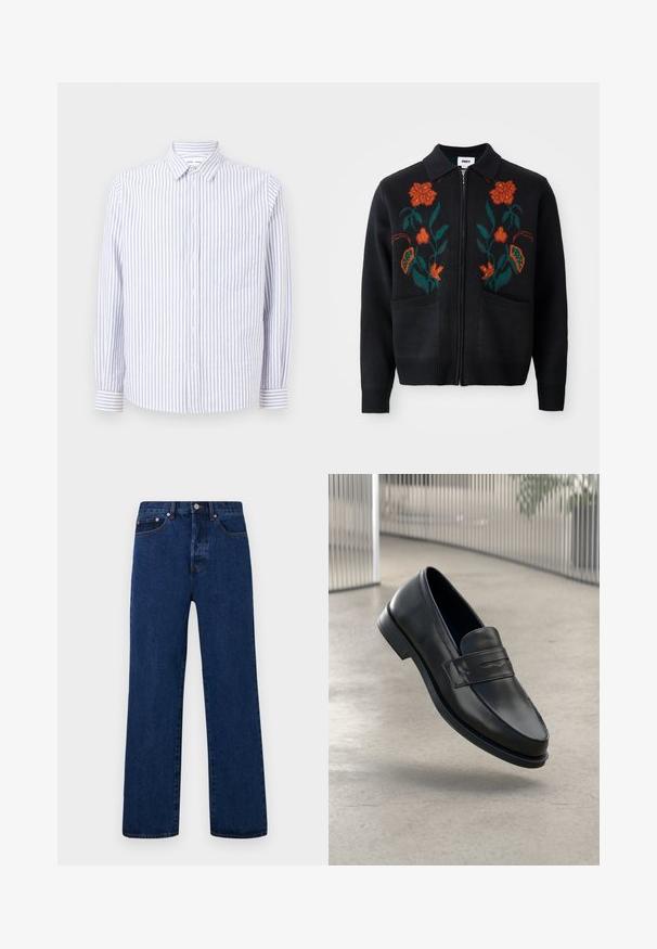 Zwarte cardigan met ritssluiting aan de voorkant, kraag, bloemendecoratie in oranje en groen, geribbelde manchetten en zoom, en twee voorzakken.; Gestreepte overhemd in lichtblauw en wit. Kenmerkt zich door een puntige kraag, lange mouwen en een enkele borstzak. Katoenen stof.; Witte katoenen tank tops, mouwloos ontwerp, ronde hals, effen textuur, gemaakt van een zachte, lichtgewicht stof. Twee stuks tentoongesteld.; Donkerblauwe denim jeans met een rechte pijp, voorzien van oranje stiksels, een knoopsluiting en twee voorkantzakken met contrasterende klinknagels.; Zwarte leren loafer met een gladde textuur, spitse neus en een decoratieve band over de wreef. Lichtgewicht zool, minimalistisch ontwerp.