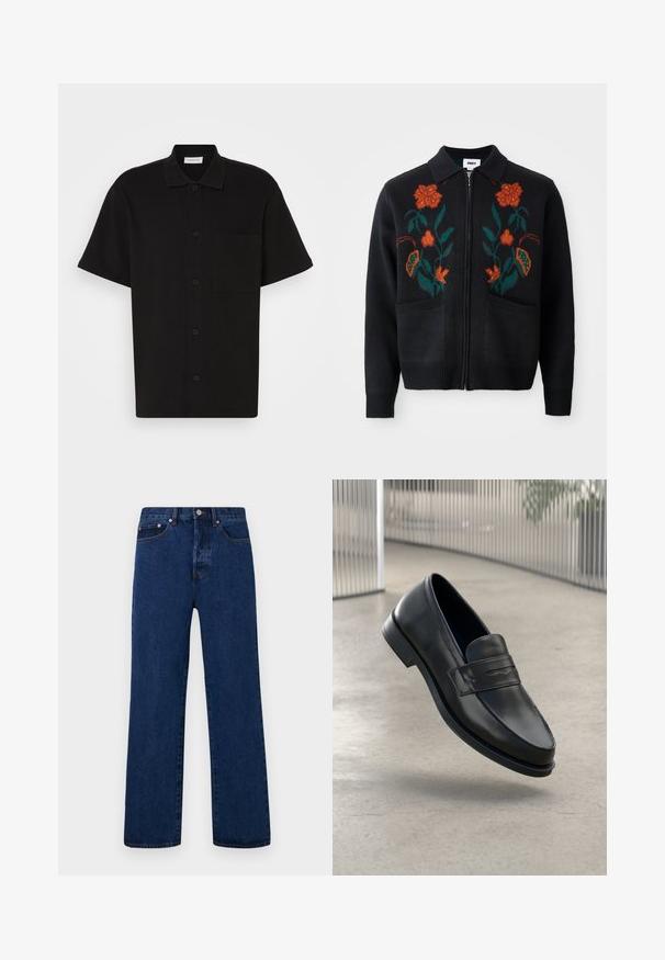 Cárdigan negro con cierre frontal, cuello, bordado floral en naranja y verde, puños y dobladillo acanalados, y dos bolsillos frontales.; Camisa negra de manga corta con botones, hecha de un tejido texturizado, con cuello, un bolsillo en el pecho y cinco botones en la parte delantera.; Camisetas sin mangas de algodón blanco, diseño sin mangas, cuello redondo, textura lisa, con un tejido suave y ligero. Se presentan dos piezas.; Vaqueros de mezclilla azul oscuro con corte recto, con costuras naranjas, cierre de botones y dos bolsillos delanteros con remaches en contraste.; Mocasín de cuero negro con textura suave, punta puntiaguda y una correa decorativa a lo largo del empeine. Suela ligera, diseño minimalista.
