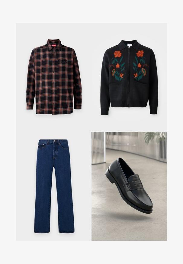 Zwarte cardigan met ritssluiting aan de voorkant, kraag, bloemendecoratie in oranje en groen, geribbelde manchetten en zoom, en twee voorzakken.; Zwart-rood geruit overhemd met een knoopsluiting aan de voorkant, lange mouwen en een label op de kraag. Heeft contrasterende stiksels en een opgestikt zakje.; Witte katoenen tank tops, mouwloos ontwerp, ronde hals, effen textuur, gemaakt van een zachte, lichtgewicht stof. Twee stuks tentoongesteld.; Donkerblauwe denim jeans met een rechte pijp, voorzien van oranje stiksels, een knoopsluiting en twee voorkantzakken met contrasterende klinknagels.; Zwarte leren loafer met een gladde textuur, spitse neus en een decoratieve band over de wreef. Lichtgewicht zool, minimalistisch ontwerp.