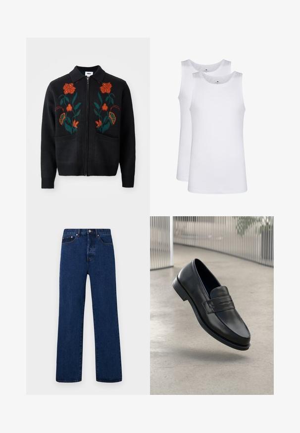 Crna kardigan jakna s patentnim zatvaračem sprijeda, ovratnikom, cvjetnim vezom u narančastoj i zelenoj boji, rebrastim manžetama i rubom, te dvjema prednjim džepovima.; Bijele pamučne majice bez rukava, okrugli izrez, jednostavna tekstura, izrađene od mekog, laganog materijala. Prikazane su dvije komada.; Tamno plave traperice ravnog kroja, s narančastim šavovima, dugmetom na prednjem dijelu i dva prednja džepa s kontrastnim zakovicama.; Crni kožni loafer glatke teksture, špicastog vrha i ukrasnim remenom preko gornjeg dijela stopala. Lagani potplat, minimalistički dizajn.