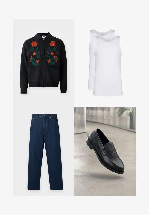 Černý kardigan se zipem vpředu, límečkem, květinovou výšivkou v oranžové a zelené barvě, žebrovanými manžetami a lemem a dvěma předními kapsami.; Bílé bavlněné tílka, bez rukávů, kulatý výstřih, hladká textilie, vyrobená z měkkého, lehkého materiálu. Zobrazeny dva kusy.; Tmavě modré džíny z denimu se rovný střih, pěti kapsami a zapínáním na knoflík. Obsahují kontrastní prošívání a klasický pas.; Černá kožená mokasína s hladkou texturou, špičatou špičkou a ozdobným páskem přes nárt. Lehká podrážka, minimalistický design.