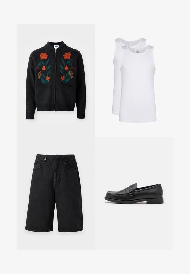 Černý kardigan se zipem vpředu, límečkem, květinovou výšivkou v oranžové a zelené barvě, žebrovanými manžetami a lemem a dvěma předními kapsami.; Bílé bavlněné tílka, bez rukávů, kulatý výstřih, hladká textilie, vyrobená z měkkého, lehkého materiálu. Zobrazeny dva kusy.; Černé džíny šortky s volným střihem, středním pasem, pěti kapsami a poutky na opasek. Tkanina má hladkou strukturu a jemné detaily šití.; Černé kožené mokasíny s elegantním designem, zaoblenou špičkou, vyšitým detailem a nízkým blokovým podpatkem. Hladká textura a minimální akcenty.