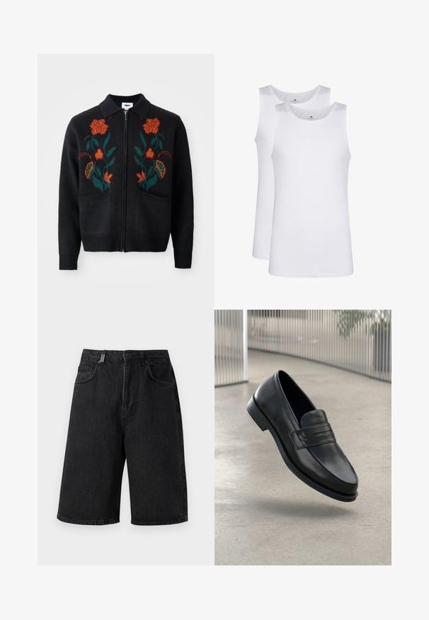 Zwarte cardigan met ritssluiting aan de voorkant, kraag, bloemendecoratie in oranje en groen, geribbelde manchetten en zoom, en twee voorzakken.; Witte katoenen tank tops, mouwloos ontwerp, ronde hals, effen textuur, gemaakt van een zachte, lichtgewicht stof. Twee stuks tentoongesteld.; Zwarte denimshorts met een losse pasvorm, middelhoge taille, vijf zakken en lussen voor een riem. De stof heeft een gladde textuur en subtiele stikseldetails.; Zwarte leren loafer met een gladde textuur, spitse neus en een decoratieve band over de wreef. Lichtgewicht zool, minimalistisch ontwerp.
