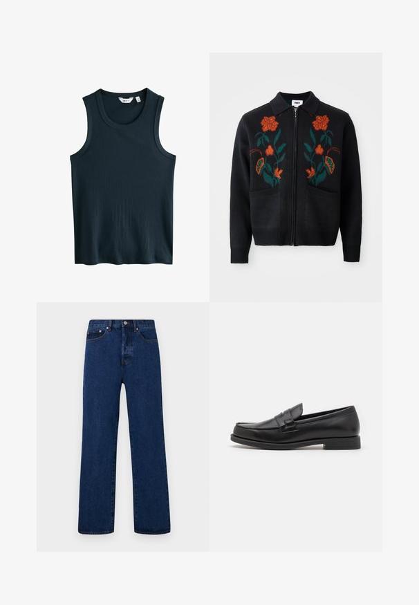Schwarze Strickjacke mit Reißverschluss vorn, Kragen, floraler Stickerei in Orange und Grün, gerippten Bündchen und Saum sowie zwei vorderen Taschen.; Dunkelblaues, geripptes Tanktop mit Rundhalsausschnitt und breiten Trägern. Keine sichtbaren Muster oder Akzente. Hergestellt aus einem weichen, dehnbaren Material.; Dunkelblaue Jeans aus Denim mit geradem Bein, verziert mit orangefarbenen Nähten, einem Knopfverschluss und zwei vorderen Taschen mit kontrastierenden Nieten.; Schwarze Lederloafers mit einem eleganten Design, abgerundeter Zehenform, gestickten Details und einem niedrigen Blockabsatz. Glatte Textur und minimale Akzente.