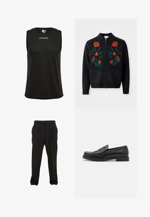 Czarny kardigan z zamkiem z przodu, kołnierzem, haftem kwiatowym w pomarańczowym i zielonym, ściągaczami przy mankietach i u dołu oraz dwoma przednimi kieszeniami.; Czarna bezrękawnik sportowy wykonany z miękkiego, oddychającego materiału. Posiada okrągły dekolt oraz haftowane logo "HUMMEL" w białym kolorze.; Czarne spodnie z gładkiego materiału, z kieszeniami z przodu, zapinane na guzik w pasie i zwężanymi mankietami przy kostkach. Klasyczny sylwetka w stylu szytym na miarę.; Czarne skórzane mokasyny o eleganckim fasonie, z okrągłym noskiem, przeszyciami oraz niskim obcasem w kształcie bloku. Gładka faktura i minimalne akcenty.