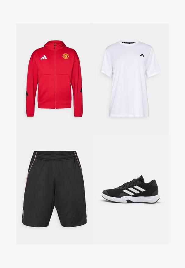 Punainen vetoketjullinen takki, joka on valmistettu pehmeästä materiaalista. Sisältää hupun, Manchester United -logon rinnassa sekä valkoiset Adidas-raidat olkapäillä.; Valkoinen urheilupaita lyhyillä hihoilla, valmistettu kosteutta siirtävästä kankaasta. Vasemmassa rinnassa on musta logo ja kauluksen sisäpuolella on kuvio.; Musta urheilushortsit, joissa on joustava vyötärö, pinkki- ja keltakuvioiset sivuakkentit sekä pieni sininen logo vasemmassa helmasssa.; Mustat urheilukengät, joissa on teksturoitu verkkomateriaali yläosassa, valkoiset korostusraidat, pehmustettu pohja ja vahvistettu kanta tuen vuoksi.
