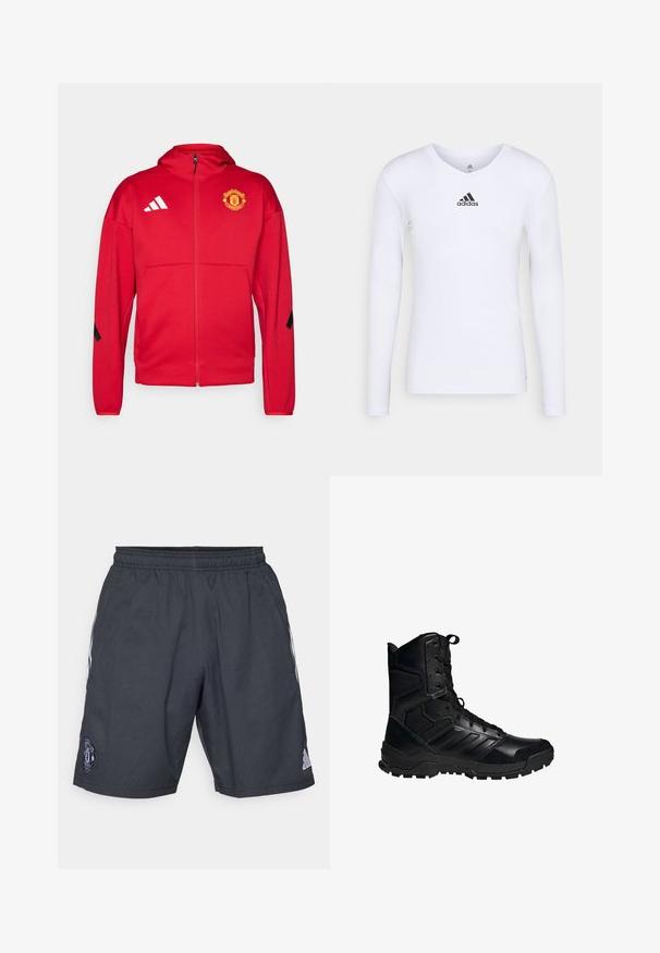 Czerwona kurtka na zamek z miękkiego materiału. Posiada kaptur, logo Manchester United na piersi oraz białe paski Adidas na ramionach.; Biała koszulka sportowa z długim rękawem wykonana z gładkiego materiału, z czarnym logo Adidas na klatce piersiowej; design w kształcie V i dopasowany krój.; Czarne sportowe szorty wykonane z przewiewnego materiału, z elastycznym paskiem w talii, białymi paskami po bokach i logo Manchester United.; Czarne taktyczne buty z połączeniem skóry i materiałów syntetycznych, z wiązaniem na sznurowadła, wyściełanym kołnierzem i solidną podeszwą.