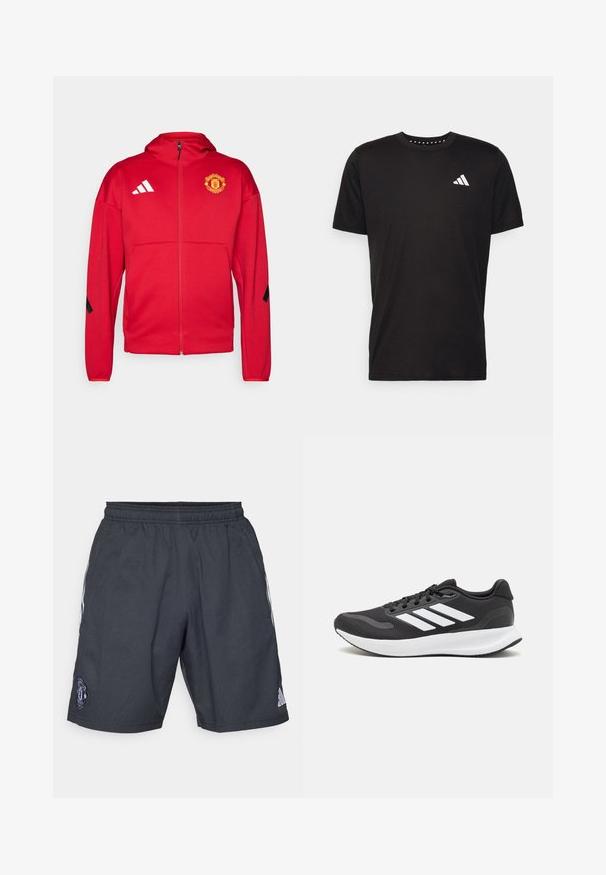 Jachetă roșie cu fermoar, confecționată dintr-un material moale. Prezintă o glugă, logo-ul Manchester United pe piept și dungi albe Adidas pe umeri.; Tricou negru din bumbac, cu mâneci scurte, de tip crew neckline, cu un logo alb pe pieptul stâng. Textură netedă și design simplu.; Shorts de sport negre, realizate dintr-un material respirabil, cu talie elastică, dungi albe pe laterale și logo-ul Manchester United.; Pantof cu aspect sport de culoare neagră, cu un upper din plasă respirabilă, accente albe și o talpă amortizată. Include logo-ul cu trei dungi pe lateral.
