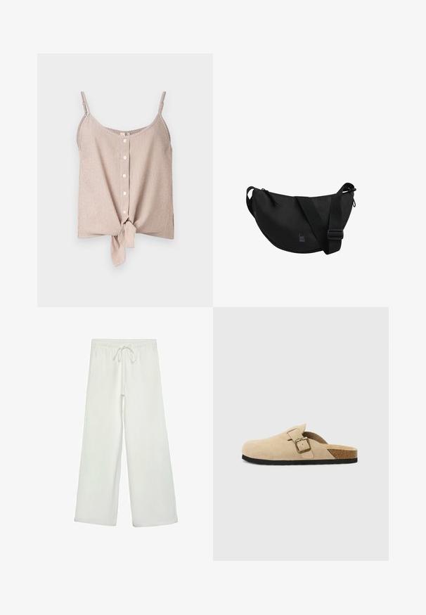 Hvid strikket cardigan med rund halsudskæring, knaplukning foran og lange ærmer, parret med lyseblå, plisserede bukser.; Stribet ærmeløs top i crème- og ferskentoner, med knaplukning foran og en knude detalje nederst. Letvægtsstof med en afslappet pasform.; Hvide bukser med bred ejer lavet af blødt stof. Har en elastisk talje med snor og en glat tekstur. Ingen synlige mønstre eller hardware.; Beige ruskinds-sandaler med korkfodseng, rund tå og en enkel rem med en guldfarvet spænde. Gummisål for godt greb.; Sort sling taske med en buet form, lavet af holdbart stof. Har en bred, justerbar rem og et diskret logo trykt på forsiden.