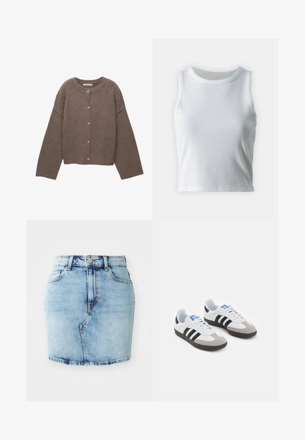Hnedý pletený kardigán s okrúhlym výstrihom, dlhými dolman rukávmi a piatimi gombíkmi na prednej strane. Rebrovaný lem a manžety. Mäkká textúra.; Biely rebrovaný top bez rukávov s okrúhlym výstrihom, so strapatým lemom a hladkou, elastickou textúrou.; Svetlomodrá džínová sukňa so priliehavým strihom, piatimi vreckami, zapínaním na gombík a zips, a so šitými detailmi pozdĺž spodného okraja.; Športové topánky s bielym koženým zvrškom, šedou semišovou špičkou a tromi čiernymi pruhmi. Obsahujú modré logo na jazyku a štruktúrovanú gumovú podrážku.