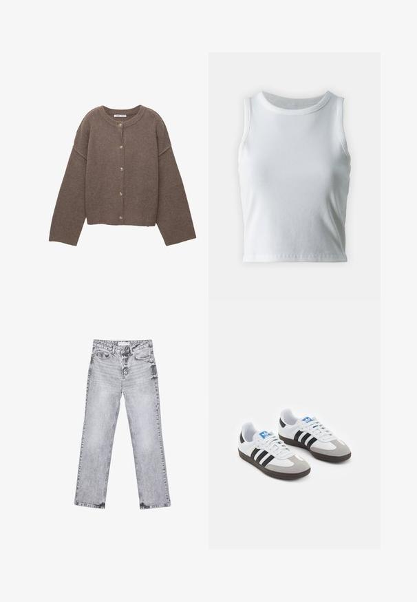 Cardigan marrone lavorato a maglia con scollo rotondo, maniche lunghe a dolman e cinque bottoni sul davanti. Orlo e polsini a coste. Tessuto morbido.; Top a canotta bianco a coste con scollatura rotonda e senza maniche, caratterizzato da un orlo dritto e una texture liscia e elastica.; Jeans in denim grigio con taglio dritto, dettagli sfilacciati, cinque tasche e rivetti in rame. La cintura presenta un'etichetta con il logo.; Scarpe sportive con tomaia in pelle bianca, punta in suede grigia e tre strisce nere. Presentano un logo blu sulla linguetta e una suola in gomma testurizzata.