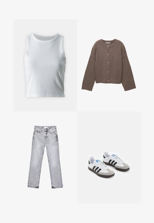 Brązowy dziergany kardigan z okrągłym dekoltem, długimi rękawami typu dolman i pięcioma guzikami z przodu. Prążkowany dół i mankiety. Miękka tekstura.; Biała, prążkowana koszulka na ramiączkach z okrągłym dekoltem i bez rękawów, z prostym dołem i gładką, elastyczną teksturą.; Szare dżinsy o prostym kroju nogawki, z przetarciami, pięcioma kieszeniami i miedzianymi nitami. Pasek w talii posiada metkę z logo.; Buty sportowe z białą skórzaną cholewką, szarym zamszowym noskiem i trzema czarnymi paskami. Posiadają niebieskie logo na języku oraz teksturowaną gumową podeszwę.