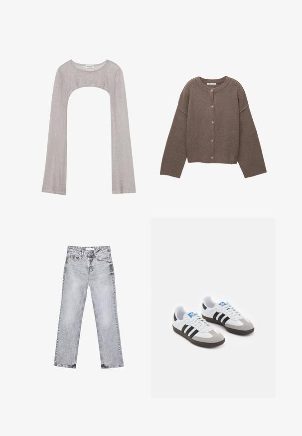 Rjav pleteni kardigan z okroglim izrezom, dolgimi rokavi dolman in petimi gumbi spredaj. Poročen spodnji rob in manšete. Mehka tekstura.; Srebrna bluza z dolgimi rokavi in okroglim izrezom, z izrezom spodaj. Narejena iz teksturiranega materiala, z oprijetim krojem in razširjenimi rokavi.; Sive traperice z ravnim krojem, z obdelanimi detajli, petimi žepi in bakrenimi zakovicami. Pas ima oznako z logotipom.; Športni čevlji z belim usnjenim zgornjim delom, sivim semišem na prstih in tremi črnimi črtami. Imajo modro logo na jeziku in teksturiran gumijast podplat.