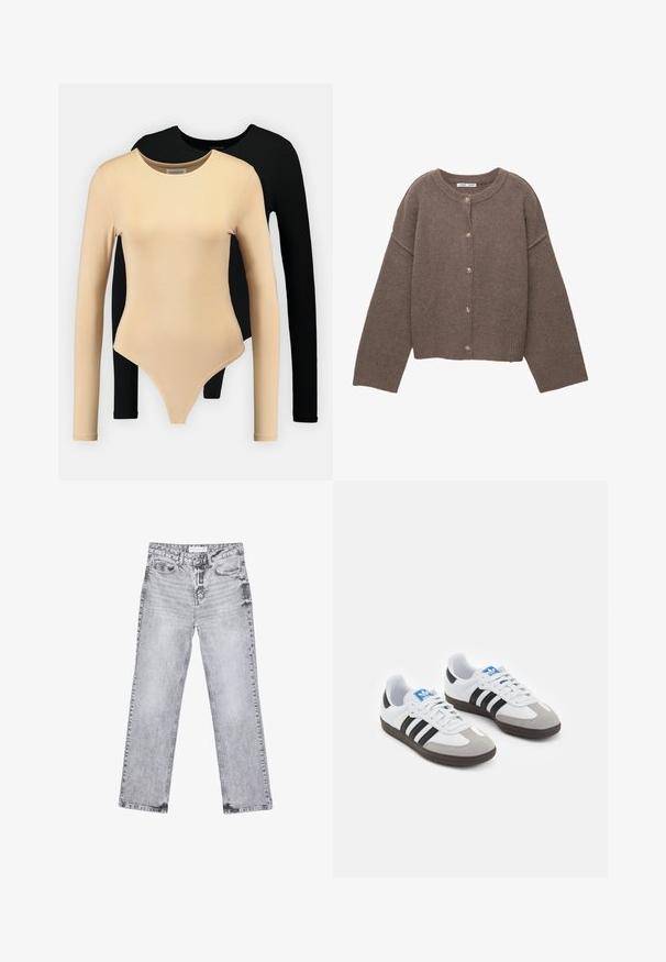 Rjav pleteni kardigan z okroglim izrezom, dolgimi rokavi dolman in petimi gumbi spredaj. Poročen spodnji rob in manšete. Mehka tekstura.; Dva bodysuita z dolgimi rokavi: eden bež z gladko teksturo in okroglim izrezom, drugi črn. Oba imata prilegajočo zasnovo in tangasti kroj.; Sive traperice z ravnim krojem, z obdelanimi detajli, petimi žepi in bakrenimi zakovicami. Pas ima oznako z logotipom.; Športni čevlji z belim usnjenim zgornjim delom, sivim semišem na prstih in tremi črnimi črtami. Imajo modro logo na jeziku in teksturiran gumijast podplat.