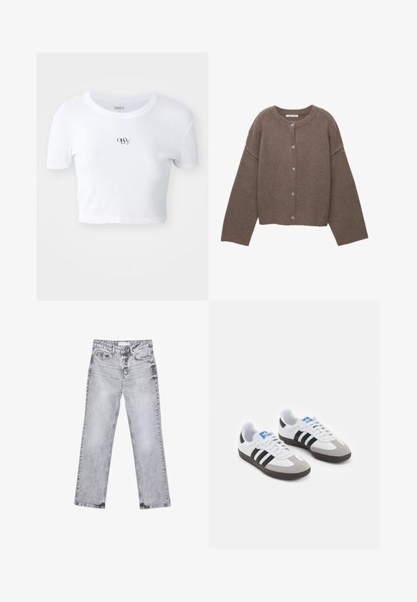 Smeđa pletena vesta s okruglim izrezom, dugim dolman rukavima i pet dugmadi sprijeda. Rebrasti rub i manšete. Mekana tekstura.; Bijela kratka majica s kratkim rukavima od rebrastog materijala. Ima suptilan crni logo smješten u sredini na prsima, okrugli izrez i prilagođeni dizajn.; Sive traperice s ravnim nogavicama, s detaljima trošenja, pet džepova i bakrenim zakovicama. Pojas ima oznaku s logom.; Sportske cipele s gornjištem od bijele kože, sivi suedinasti nos i tri crne pruge. Imaju plavi logo na jeziku i teksturiranu gumenu podlogu.