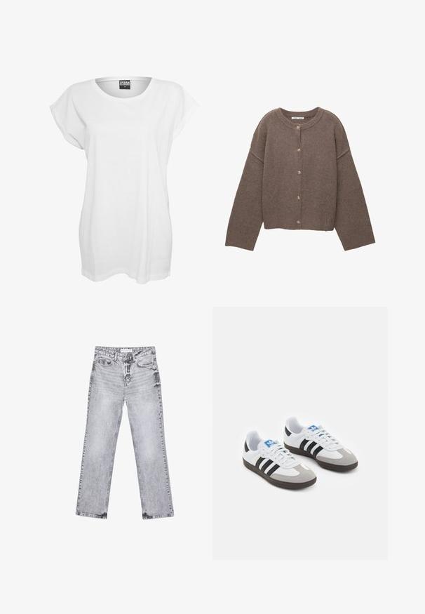Brun strikket cardigan med rund halsudskæring, lange dolmanærmer og fem knapper ned foran. Ribbet kant og ærmegab. Blød tekstur.; Hvid kortærmet t-shirt lavet af bomuld, med en afslappet pasform, bred halsudskæring og minimalistisk design uden mønstre eller accenter.; Grå denim jeans med lige ben, distressed detaljer, fem lommer og kobbernitter. Taljebåndet har et logomærke.; Sportsko med en overdel i hvid læder, grå ruskind på tåen og tre sorte striber. Har et blåt logo på tungen og en struktureret gummisål.