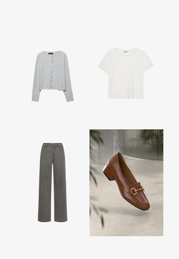 Vaaleanharmaa lyhyt neuletakki, joka on valmistettu ribbikuvioidusta materiaalista. Siinä on pyöreä pääntie ja kuusi samanlaista nappia edessä.; Valkoinen lyhythihainen T-paita, joka on valmistettu pehmeästä puuvillasta. Siinä on pyöreä kaula-aukko ja rento istuvuus. Siisti muotoilu ilman näkyviä kuvioita tai yksityiskohtia.; Sofie Schnoor Straight leg -farkut - grey denim; Ruskea kiiltävä nahkaloaferi neliönmuotoisella varpaalla, metalliketjuaktsentilla ja matalalla tukijalalla; sileä rakenne, minimalistinen muotoilu.