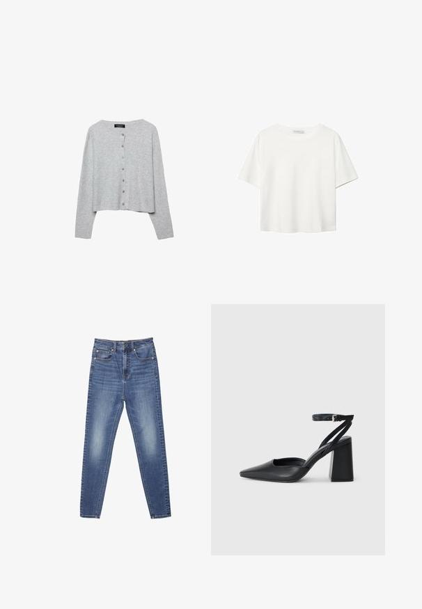 Svetlo sivi skrajšani kardigan iz rebraste pletenine, s krožno ovratnikom in šestimi usklajenimi gumbi spredaj.; Bela kratka majica s kratkimi rokavi iz bombaža. Ima okroglo izrezovanje in sproščen kroj. Gladka tekstura brez vidnih vzorcev ali poudarkov.; Modre kavbojke s ravnim krojem, petimi žepi in vidnim šivanjem. Tkanina ima zbledel videz z gladko površino.; Črne usnjene klasične čevlje z ostrim nosom, z zaponko za gleženj in debelim peto. Ravna tekstura, eleganten dizajn in minimalistična estetika.