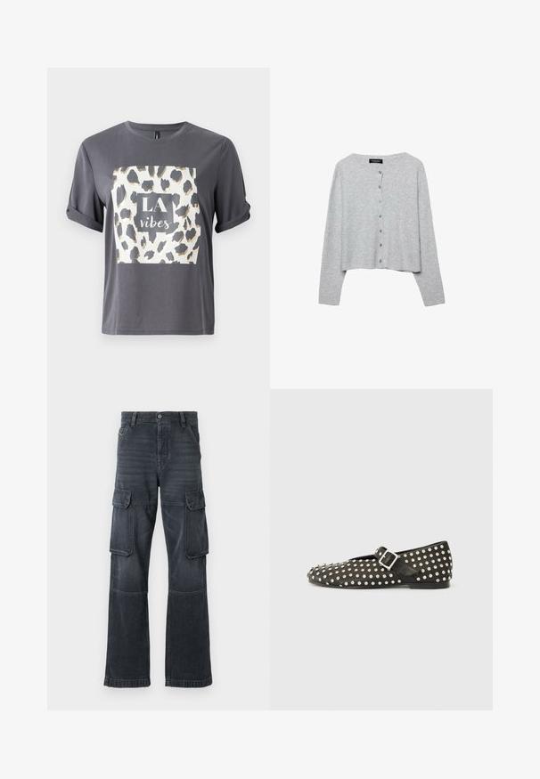Ljusgrå cropped cardigan i ribbad stickad material, med rundad halsringning och sex matchande knappar fram.; Grå t-shirt med leopardmönster i guld och svart, med texten "LA vibes" i en central ruta på framsidan. Kortsleeves.; Mörkgrå cargobyxor i denim, med två sidofickor och en vida ben-design. Sömmar och kanter med stickad detalj.; Svart platåsko i läder, med metallspikar och en sidspänne. Designen har en spetsig tå och en strukturerad yta.