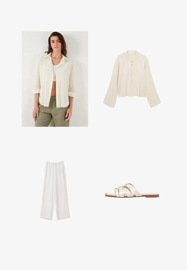 Jasno kremowy, skrócony kardigan z zapięciem na zamek, szerokimi rękawami i prążkowanymi wykończeniami na krawędziach. Miękki materiał dzianinowy.; Luźna, kremowa koszula z zapięciem na guziki, kołnierzykiem i podwiniętymi rękawami, wykonana z lekkiego, teksturowanego materiału. W połączeniu z oliwkowymi spodniami.; Białe spodnie o szerokich nogawkach wykonane z lekkiego materiału. Posiadają elastyczny pas z sznurkiem i boczne kieszenie. Gładka tekstura.; Płaskie sandały z brązową gumową podeszwą, zaprojektowane z trzema nakładającymi się na siebie białymi skórzanymi paskami i małym detalem w postaci kokardy na środku.