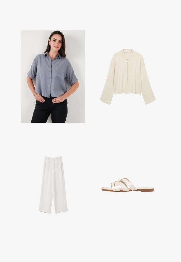 Cream-colored, cropped cardigan with a zip closure, wide sleeves, and ribbed detailing along the edges. Soft knit material.; Gray short-sleeve button-up shirt with a collar, single chest pocket, and a relaxed fit. Fabric appears smooth and lightweight.; White wide-leg trousers made from a lightweight fabric. Features an elastic waistband with a drawstring and side pockets. Smooth texture.; Flat sandals with a tan rubber sole, designed with three overlapping white leather straps and a small bow detail at the center.