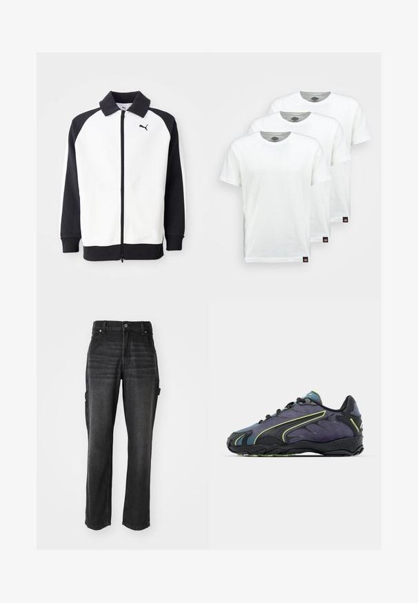 Casaco de pista Puma com corpo branco e mangas raglan pretas, fecho com zíper e colarinho preto. Textura suave, detalhe do logotipo no peito.; Três t-shirts de algodão brancas simples com mangas curtas. Cada t-shirt possui uma gola redonda e uma pequena etiqueta de logotipo preta no lado esquerdo.; Calças cargo em denim preto com pernas retas, apresentando bolsos laterais, fecho de botão de metal e costuras tonais. Tecido texturizado.; Ténis atléticos pretos e roxos com um upper texturizado, linhas de destaque verdes e uma sola de borracha com um design ondulado. Fecho com atacadores.