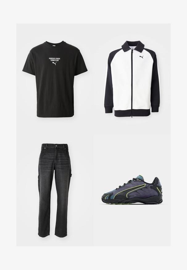 Puma track jacket s bílým tělem a černými raglanovými rukávy, se zipovým uzavíráním a černým límcem. Hladká textura, logo detail na hrudi.; Černé bavlněné tričko s kulatým výstřihem, na kterém je bíle potisknutý text "PORSCHE LEAGUE TURBO CLUB" a malé logo Puma níže.; Černé denimové cargo kalhoty se rovnými nohavicemi, vybavené bočními kapsami, kovovým zapínáním a tónovaným stehem. Texturovaná látka.; Černé a fialové sportovní boty s texturovaným svrškem, zelenými akcentními liniemi a gumovou podešví s vlnkovým designem. Šněrování.
