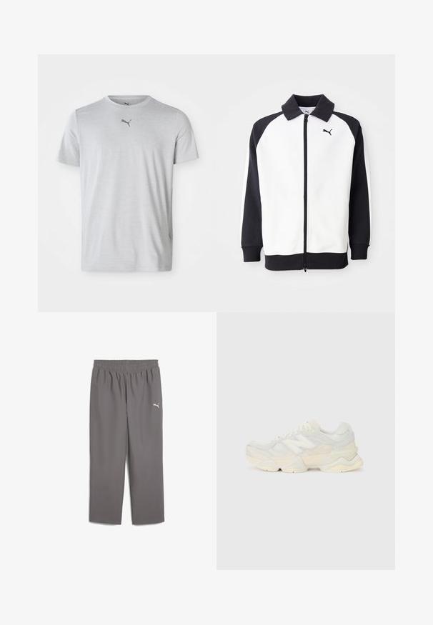 Puma športová bunda s bielym telom a čiernymi raglánovými rukávmi, so zipsom a čiernym golierom. Hladká textúra, detail loga na hrudi.; Svetlo šedé športové tričko vyrobené z jemnej látky. Má krátke rukávy a okrúhly výstrih, s malým čiernym logom Puma na hrudi.; Sivé športové nohavice s elastickým pásom, vyrobené z ľahkej textílie. Na ľavom stehne sa nachádza malé bílé logo.; Ľahká teniska s vrchom z nylonovej sieťoviny a zamatovej kože v jemných krémových odtieňoch, so robustnou podrážkou a trojrozmernými akcentmi.
