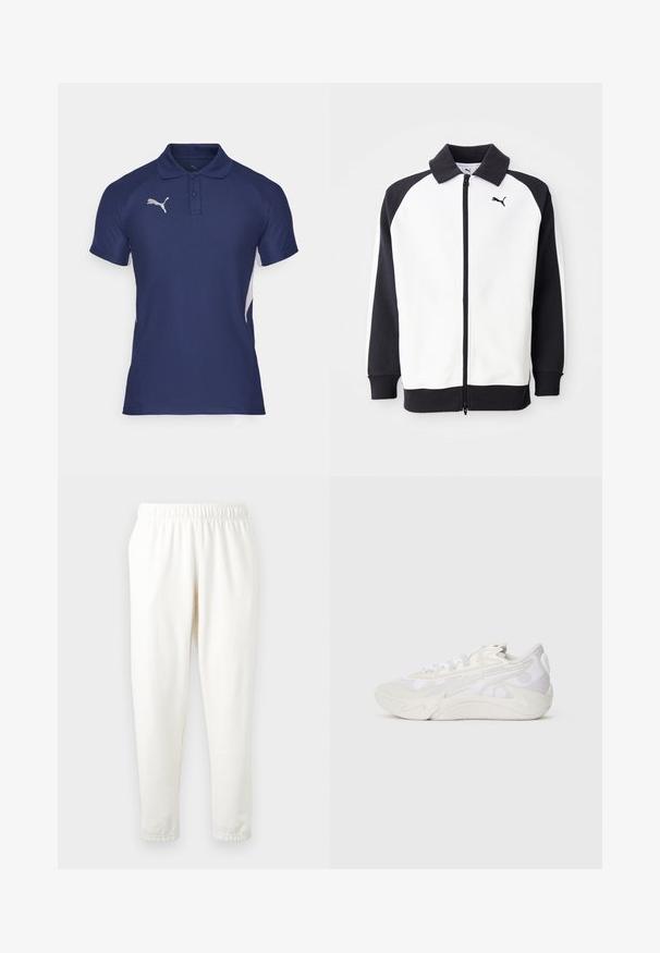 Kurtka treningowa Puma z białym korpusem i czarnymi rękawami raglanowymi, z zapięciem na zamek i czarnym kołnierzem. Gładka tekstura, detal logo na piersi.; Granatowa koszulka polo wykonana z przewiewnego materiału, z klasycznym kołnierzykiem, dwoma guzikami i białymi akcentami po bokach. Srebrne logo na piersi.; Spodnie dresowe w kolorze kremowym z elastycznym pasem, o tapered legs, wykonane z miękkiego materiału. Charakteryzują się gładką fakturą oraz brakiem widocznych wzorów czy akcentów.; Boczne ujęcie białego i jasnoszarego sneakersa z abstrakcyjnym falistym wzorem i grubą podeszwą na jednolitym białym tle.