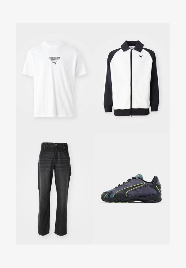 Chaqueta de chándal Puma con cuerpo blanco y mangas raglán negras, cierre de cremallera y cuello negro. Textura suave, detalle de logo en el pecho.; Camiseta de algodón blanca con el texto "PORSCHE LEAGUE TURBO CLUB" y un logo negro de Puma. Cuello redondo y mangas cortas.; Pantalones cargo de mezclilla negra con piernas rectas, que cuentan con bolsillos laterales, cierre de botón metálico y costuras en tono. Tejido texturizado.; Zapatillas deportivas negras y moradas con un upper texturizado, líneas de acento verdes y una suela de goma con un diseño ondulado. Cierre con cordones.
