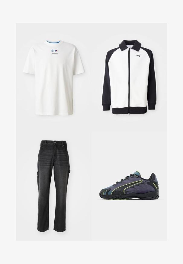 Casaco de pista Puma com corpo branco e mangas raglan pretas, fecho com zíper e colarinho preto. Textura suave, detalhe do logotipo no peito.; T-shirt de algodão branco com mangas curtas, apresentando um acabamento em gola azul e um logótipo da BMW Motorsport impresso na parte da frente. Textura suave, corte relaxado.; Calças cargo em denim preto com pernas retas, apresentando bolsos laterais, fecho de botão de metal e costuras tonais. Tecido texturizado.; Ténis atléticos pretos e roxos com um upper texturizado, linhas de destaque verdes e uma sola de borracha com um design ondulado. Fecho com atacadores.