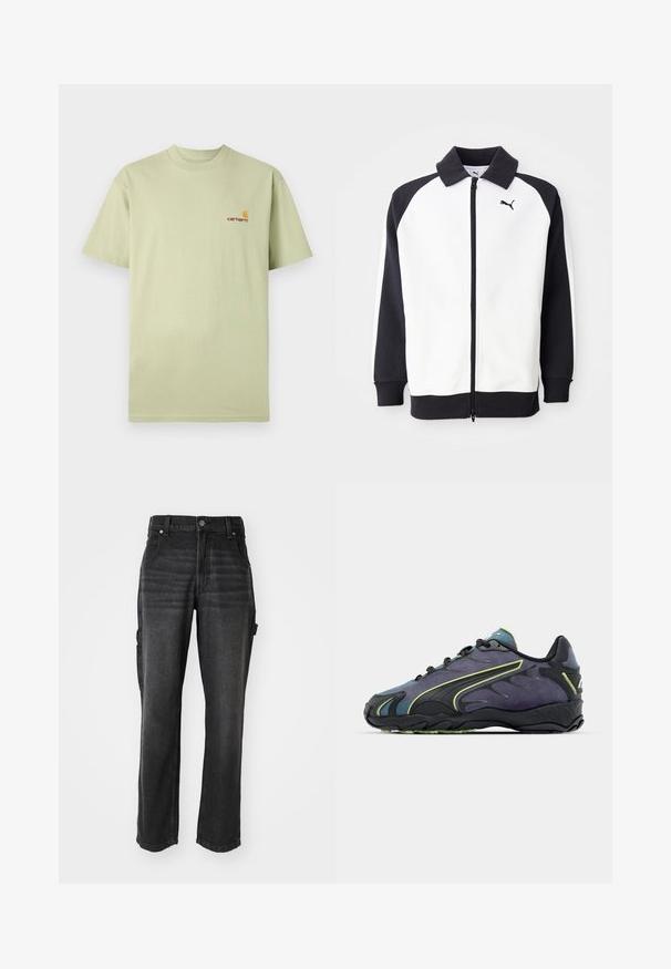 Puma sporta jaka ar balto ķermeni un melnām raglanu piedurknēm, ar rāvējslēdzēju un melnu apkakli. Gluda tekstūra, logo detaļa uz krūtīm.; Gaiši zaļš kokvilnas T-krekls ar īsām piedurknēm un apaļu kakla izgriezumu. Uz augšējās kreisās krūtis atrodas neliels oranžs un sarkans logs.; Melnas džinsu bikses ar taisnām kājām, ar sānu kabatām, metāla pogu aizdari un tonālām šuvēm. Strukturēta auduma.; Melnas un purpura sporta kurpes ar teksturētu virsmu, zaļām akcentu līnijām un gumijas zoli ar viļņotu rakstu. Šņores aizdare.