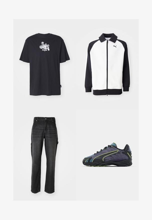 Puma track jacket s bílým tělem a černými raglanovými rukávy, se zipovým uzavíráním a černým límcem. Hladká textura, logo detail na hrudi.; Černé tričko vyrobené z bavlny s kulatým výstřihem. Na přední straně se nachází stříbrná grafika s textem "PUMA" a designovým prvkem.; Černé denimové cargo kalhoty se rovnými nohavicemi, vybavené bočními kapsami, kovovým zapínáním a tónovaným stehem. Texturovaná látka.; Černé a fialové sportovní boty s texturovaným svrškem, zelenými akcentními liniemi a gumovou podešví s vlnkovým designem. Šněrování.