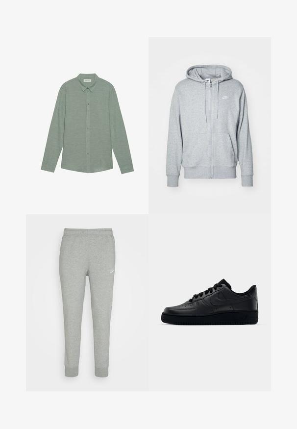 Felpa grigia con zip realizzata in un morbido tessuto, dotata di tasca a marsupio, cappuccio con lacci e un piccolo logo bianco sul petto.; Camicia a maniche lunghe con bottoni in lino di colore verde chiaro, dotata di colletto a punta e bottoni coordinati, caratterizzata da una leggera trama.; T-shirt grigio a maniche corte in cotone, con logo Nike nero sul petto e scollatura rotonda. Design minimalista senza pattern.; Pantaloni sportivi grigi realizzati in morbido tessuto, con design a gamba affusolata, vita elastica e piccolo logo bianco Nike sulla coscia sinistra.; Sneaker Nike Air Force 1 nera con tomaia in pelle liscia, punta perforata per la traspirabilità, lacci neri e suola in gomma testurizzata.