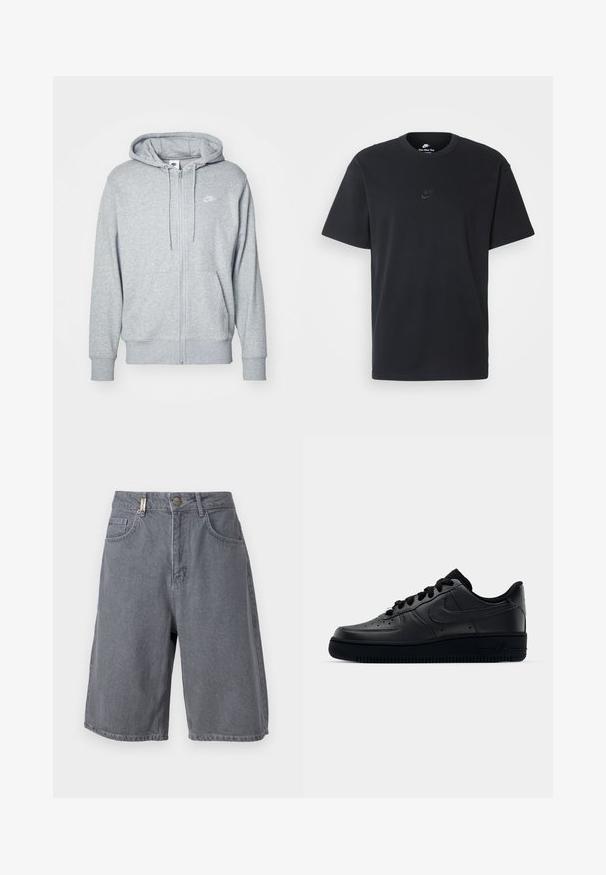 Siva zip-up kapuca iz mehkega materiala s kenguru žepom, kapuco na vrvico in majhnim belim logotipom na prsih.; Nike črna bombažna majica z klasičnim okroglim izrezom, kratkimi rokavi in subtilnim, vtisnjenim logotipom na prsih. Gladka tekstura.; Sivi jeans kratke hlače z udobnim fitom, z gumbnim zapiranjem, petimi žepi in rahlo zbledelim videzom. Klasičen in vsestranski dizajn.; Črne Nike Air Force 1 športne copate z gladkim usnjem, perforirano konico za zračnost, črnimi vezalkami in teksturirano gumijasto podplatom.