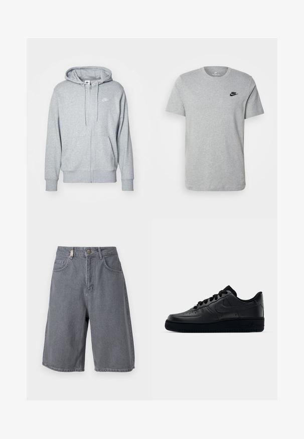 Grey zip-up hoodie made from soft fabric with a kangaroo pocket, drawstring hood, and a small white logo on the chest.; Gray short-sleeve T-shirt made of cotton, featuring a black Nike logo on the chest and a round neckline. Minimalist design with no patterns.; Gray denim shorts with a relaxed fit, featuring a button closure, five pockets, and a slightly faded texture. Classic and versatile design.; Black Nike Air Force 1 sneaker with a smooth leather upper, perforated toe for breathability, black laces, and a textured rubber sole.