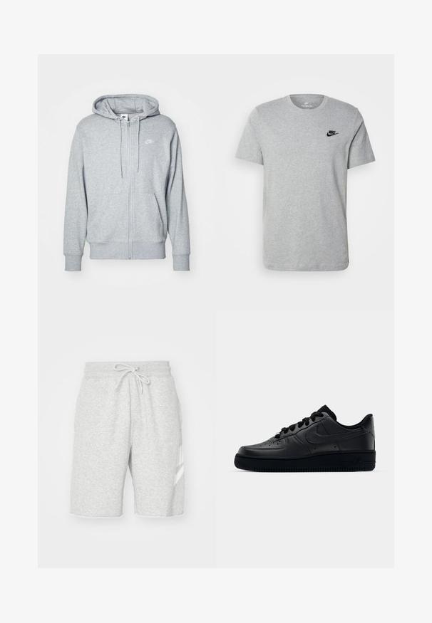 Siva zip-up kapuca iz mehkega materiala s kenguru žepom, kapuco na vrvico in majhnim belim logotipom na prsih.; Siv majica s kratkimi rokavi iz bombaža, ki ima črni Nike logotip na prsih in okroglo ovratnico. Minimalističen dizajn brez vzorcev.; Moške sivi trenirke iz mehkega bombaža, z elastičnim pasom in vrvico, stranskimi žepi ter detajlom belega logotipa.; Črne Nike Air Force 1 športne copate z gladkim usnjem, perforirano konico za zračnost, črnimi vezalkami in teksturirano gumijasto podplatom.