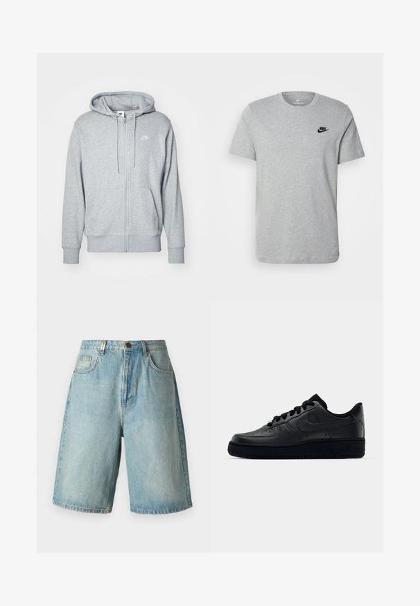 Grey zip-up hoodie made from soft fabric with a kangaroo pocket, drawstring hood, and a small white logo on the chest.; Gray short-sleeve T-shirt made of cotton, featuring a black Nike logo on the chest and a round neckline. Minimalist design with no patterns.; Light blue denim shorts with a relaxed fit, featuring front pockets, a button closure, and faded wash with subtle whiskering details.; Black Nike Air Force 1 sneaker with a smooth leather upper, perforated toe for breathability, black laces, and a textured rubber sole.
