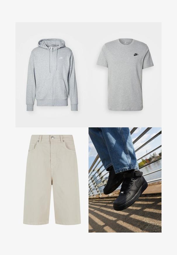 Sivi dukserica s patentnim zatvaračem, izrađena od mekanog materijala, sa kengurudžepom, kapuljačom na vezanje i malim bijelim logotipom na prsima.; Siva kratka majica s kratkim rukavima od pamuka, s crnim Nike logotipom na prsima i okruglim izrezom. Minimalistički dizajn bez uzoraka.; Bež traperice kratke hlače ravnog kroja, s bočnim kopčanjem na gumbe i četiri džepa. Tkanina ima glatku teksturu i minimalne šavove.; Crne Nike Air Force 1 tenisice s kožnim gornjim dijelom, mrežastim jezikom i gumenenim potplatom, s visokim dizajnom i debelim vezicama.