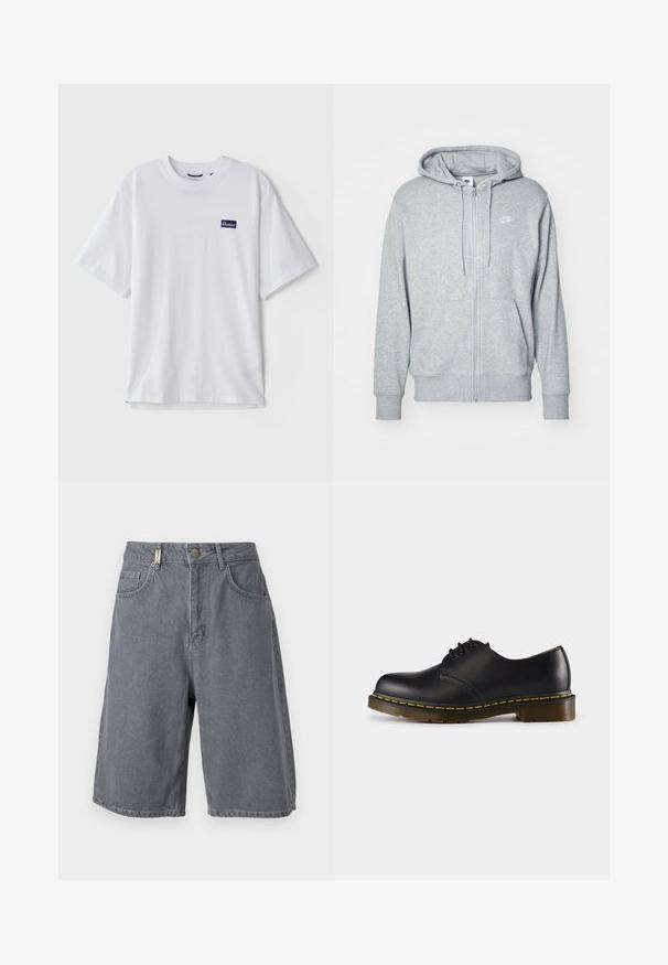 Pilkas užtrauktuku užsegamas džemperis, pagamintas iš minkštos medžiagos, su kengūrinėmis kišenėmis, reguliuojamu gobtuvu ir mažiu baltu logotipu krūtinėje.; Balta medvilninė marškinėliai su apvali iškirpte, trumpomis rankovėmis ir tamsiai mėlynu stačiakampiu logotipo užsilietimu kairėje krūtinės pusėje.; Pilki džinsiniai šortai su laisvu siluetu, turintys sagos užsegimą, penkias kišenes ir šiek tiek nublukusią tekstūrą. Klasikinis ir universaliai pritaikomas dizainas.; Juodos odinės batai su apvaliu pirštu, su raišteliais, geltonu siūliniu aplink padą ir masyviu, tekstūruotu guminiu padu.