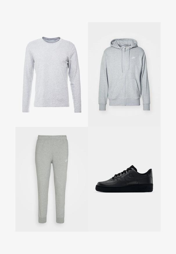Šedá mikina na zips vyrobená z mäkkej tkaniny, s vreckom typu klokanka, kapucňou so šnúrkou a malým bielym logom na hrudi.; Dlhý rukáv šedé tričko z mäkkého, ľahkého materiálu s klasickým okrúhlym výstrihom a jednoduchým, bez ozdôb dizajnom.; Šedé tepláky z jemnej látky s úzkym strihom, elastickým pásom a malým bielym logom Nike na ľavom stehne.; Čierne tenisky Nike Air Force 1 s hladkým koženým zvrškom, perforovanou špičkou pre priedušnosť, čiernymi šnúrkami a textúrovanou gumovou podrážkou.