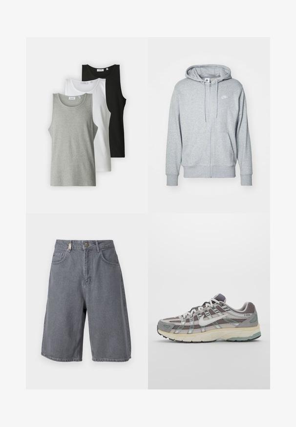 Siva zip-up kapuca iz mehkega materiala s kenguru žepom, kapuco na vrvico in majhnim belim logotipom na prsih.; Only & Sons ONSPAGE RIBBED TANK TOP 3 PACK - Top - black/white/light grey; Sivi jeans kratke hlače z udobnim fitom, z gumbnim zapiranjem, petimi žepi in rahlo zbledelim videzom. Klasičen in vsestranski dizajn.; Sive športne čevlje z zgornjim delom iz mrežastega in semiš materiala, belimi akcenti, oblazinjenim podplatom ter edinstvenim dizajnom z odsevnimi elementi.