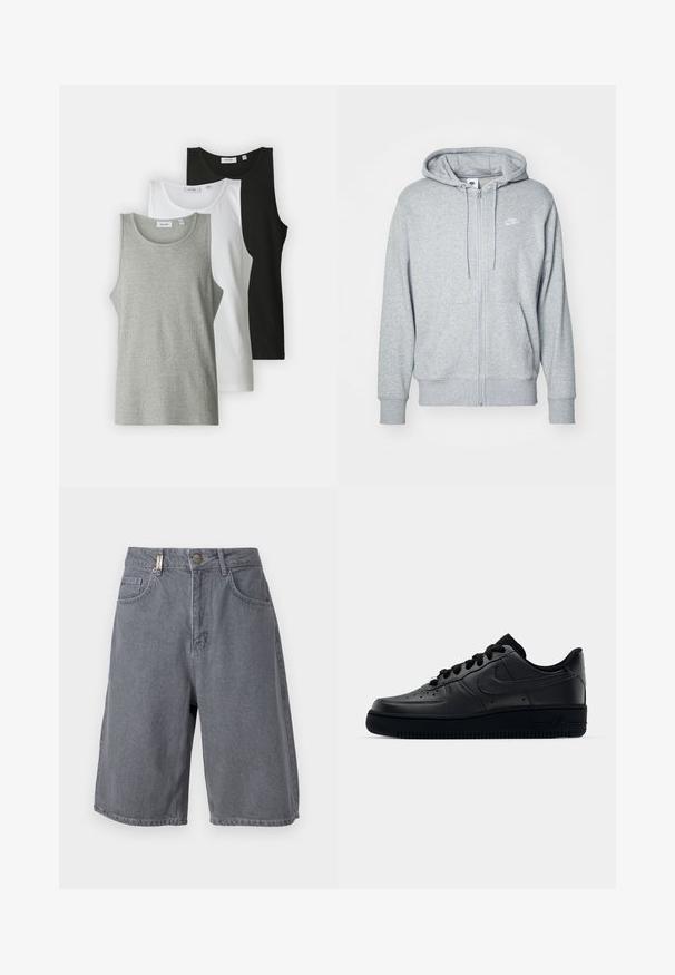 Szürke cipzáras kapucnis pulóver, puha anyagból, kenguruzsebbel, húzózsinórral a kapucnin és egy kis fehér logóval a mellkasán.; Only & Sons ONSPAGE RIBBED TANK TOP 3 PACK - Felső - black/white/light grey; Szürke farmer rövidnadrág laza szabással, gombos záródással, öt zsebbe és enyhén kopott felülettel. Klasszikus és sokoldalú dizájn.; Fekete Nike Air Force 1 sneaker sima bőr felsőrészével, perforált orrával a légáteresztés érdekében, fekete cipőfűzőkkel és textúrált gumitalppal.