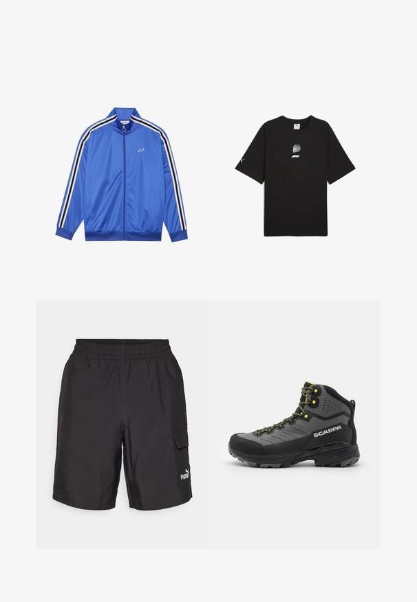 Mėlyna striukė, pagaminta iš blizgaus audinio, su baltais ir juodais dryžiais rankovėse, aukštu apykakle ir priekyje esančia užtrauktuku.; Juodas trumpomis rankovėmis medvilninis marškinėliai, kuriuose yra grafika su lenktyniniu šalmu ir logotipu priekyje, o ant rankovės – mažas logotipas.; Juodos krovininės šortai su elastinga juosta, šoninėmis kišenėmis ir baltu Puma logotipu kairiajame šone. Pagaminti iš lengvos medžiagos.; Juodos ir pilkos žygio sportbačiai su tekstūruota medžiaga, ryškiai geltonais akcentais, sustiprinta nosimi ir guminėmis išorinėmis detalėmis su giliai išraižytu raštu, užtikrinančiu sukibimą.