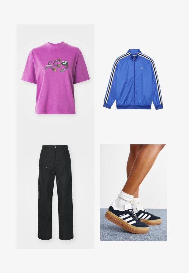 Modra trenirka iz gladkega materiala, ki ima bele in črne črte po rokavih, visok ovratnik in sprednji zadrgo.; Purpurna kratka majica s kratkimi rokavi z visokim ovratnikom in grafičnim dizajnom stiliziranih črk "A", "C" in "9" z cvetličnimi in trnovimi elementi.; Črne hlače ravnega kroja, izdelane iz teksturirane tkanine. Opremljene so z dekorativnim srebrnim okovjem in edinstvenimi detajli šivov.; Črni antilop superge z belimi črtami in poudarki, okrogel prst, gumijasti podplat, kombinirane z belimi rebrastimi nogavicami.