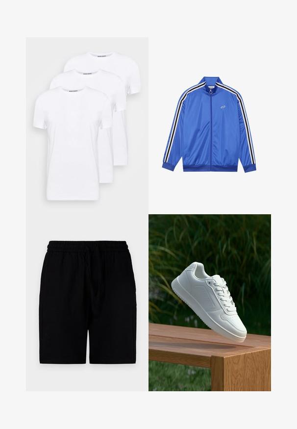 Blue track jacket made of shiny material, featuring white and black striped accents along the sleeves, high collar, and front zipper.; Pack of three plain white t-shirts, crew neck design, short sleeves, made from soft cotton fabric with a smooth texture.; Black shorts made of a lightweight material, featuring an elastic waistband with a drawstring, side pockets, and a relaxed cut.; White sneaker with a smooth synthetic upper, perforated toe box, flat laces, and a textured sole, displayed on a wooden surface.